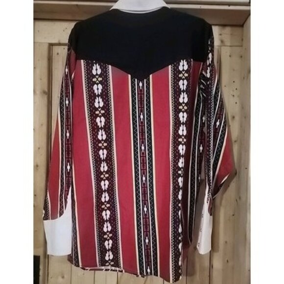 VTG Steer West Western Pearl Snap Down Long Sleeve Shirt Size L Red Black Navajo - Picture 11 of 15
